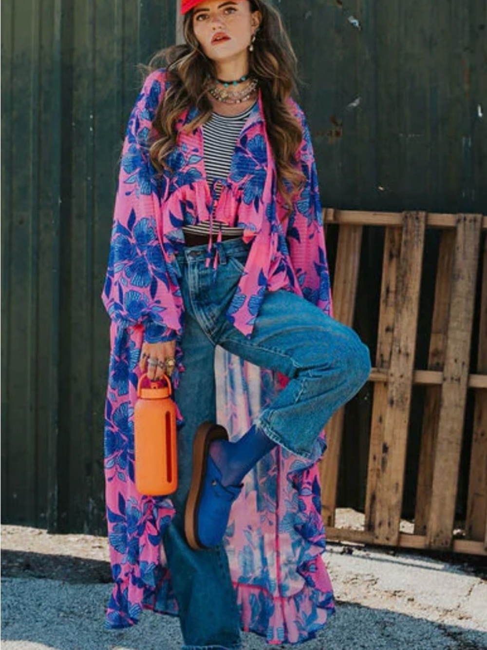 LADY THE BRAND🌟Sm/Med Pink & Blue Floral Sheer Kimono Duster